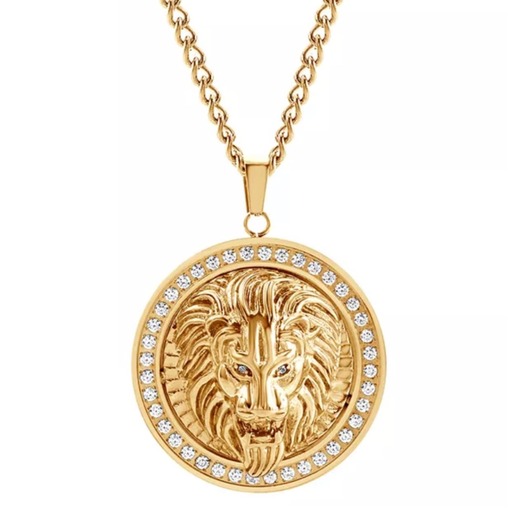 Blackjack Mens SS Cubic Zirconia Lion Head Framed Disc 30" Pendant Necklace NWT